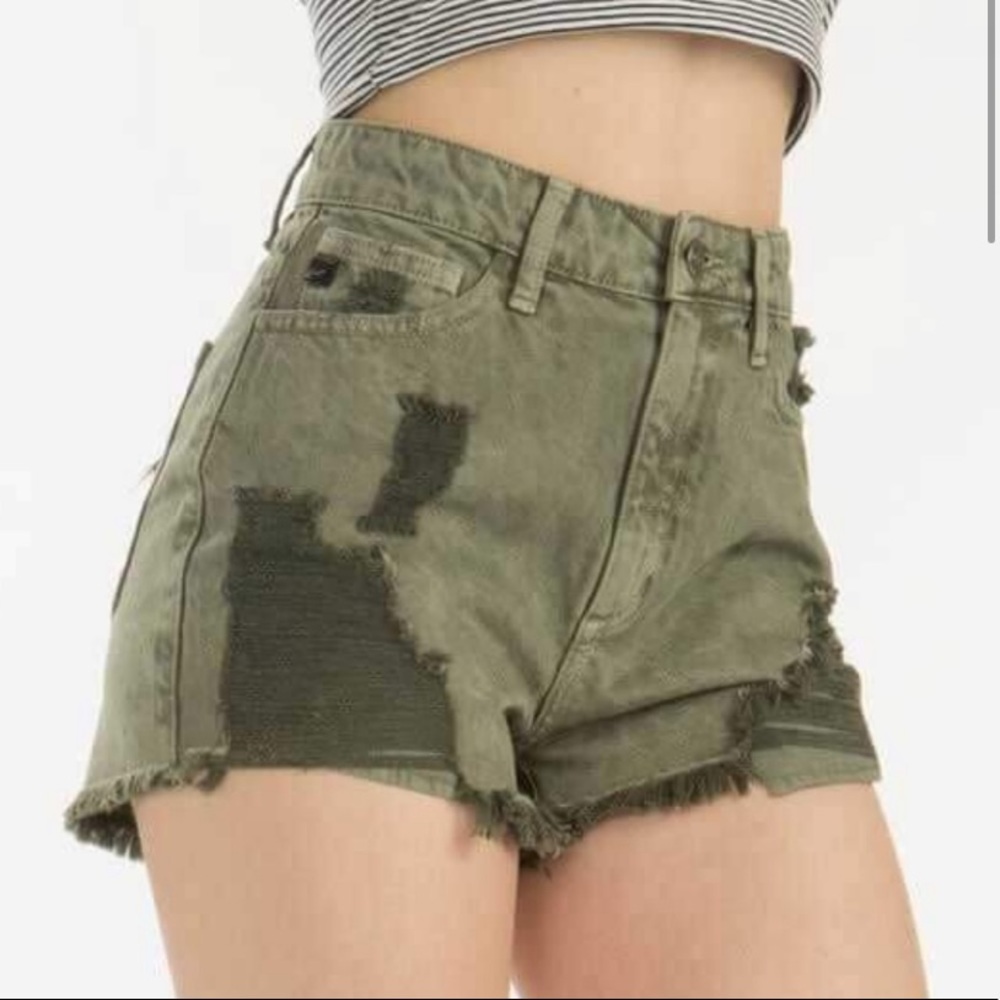 KanCan High Waisted Distressed Army Green Shorts